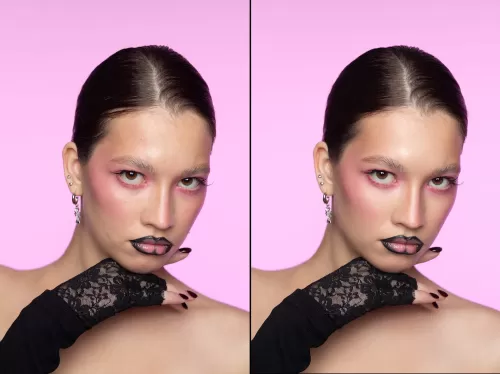 Стильный портрет девушки с креативным макияжем в черных кружевных перчатках для бьюти-съемки